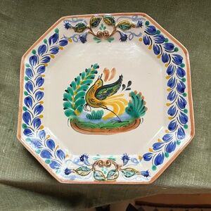 Octagonal Dinner Plate by Gorky Gonzalez Multi BIRD TAN TRIM Mexican Pottery 10x